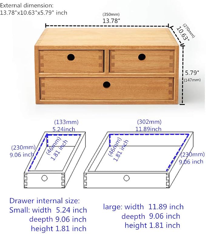 KIRIGEN Wood Desk Organizer with 3 Drawers, Desktop Storage, Natural 23-NA | Wooden Desktop Drawer Hold A4 Papers, Stationery, Jewelry, and Makeup, Fully Assembled for Home Office