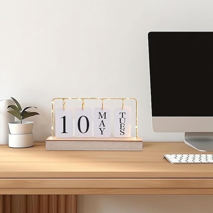 AUSTUFF Flip Wooden Perpetual Calendar Metal Desk Calendar | Standing Office Home Desk Decor