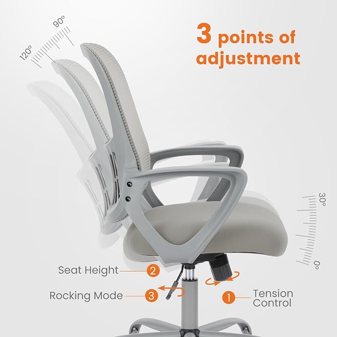 Sweetcrispy Home Office Managerial Executive Chair, Ergonomic Mesh Adjustable Swivel Mid-Back Chair with Comfortable Lumbar Support, Comfy Arms for Bedroom,Study,Student
