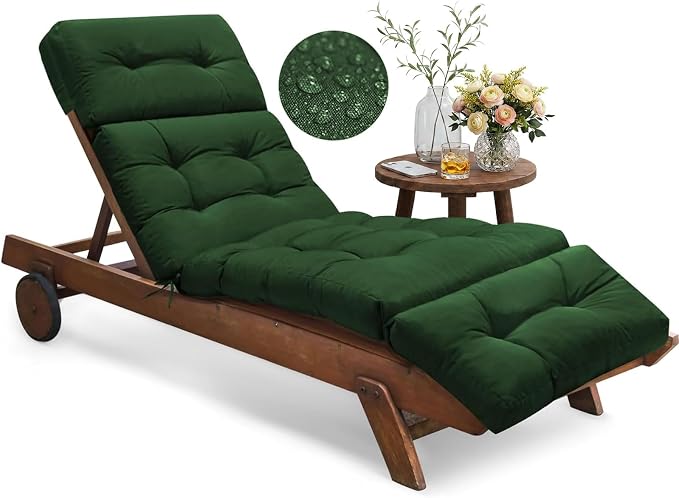 Outdoor Chaise Lounge Chair Cushion Waterproof 74.4 x 22 x 4.7 Inches Memory Foam Lounge Chair Cushions Replacement for Outdoor Furniture with Ties, Thickened Pool Lounge Chair Cushion, Green
