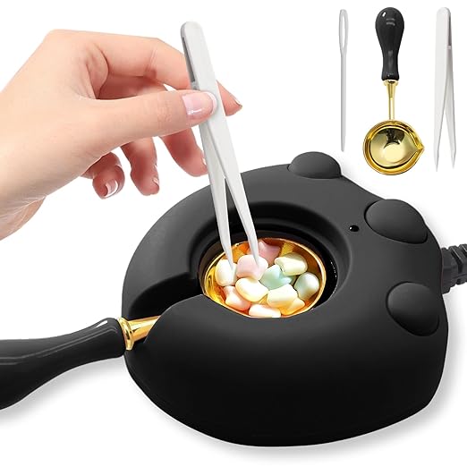 Electric Wax Warmer, Seal Melter Black Electric Wax Seal Kit with Spoon, Tweezer and Stir Stick for Melting Beads and DIY