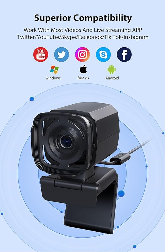 Webcam for PC, AI Auto Tracking, Remote Control, in-line Dual Noise Canceling Microphones, Full HD 1080P Video Calls, 73° Angle View, Privacy Shutter, USB Plug and Play, Low Light Correction