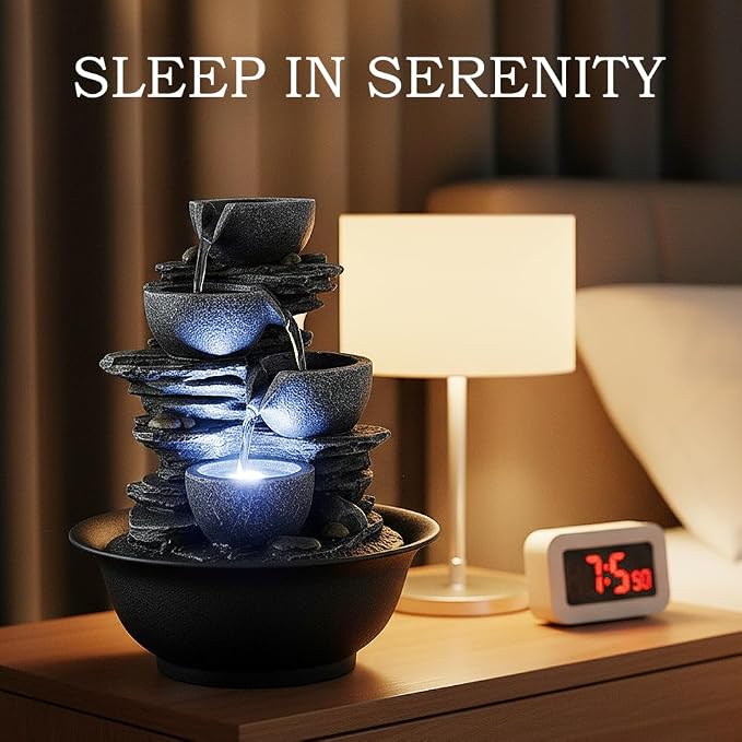 10.6” High Tabletop Water Fountain - 4-Tier Tabletop Fountain Indoor with LED Light, Rock Style Cascading Desk Fountain, Zen Relaxation Water Feature for Office, Living Room or Bedroom Decor