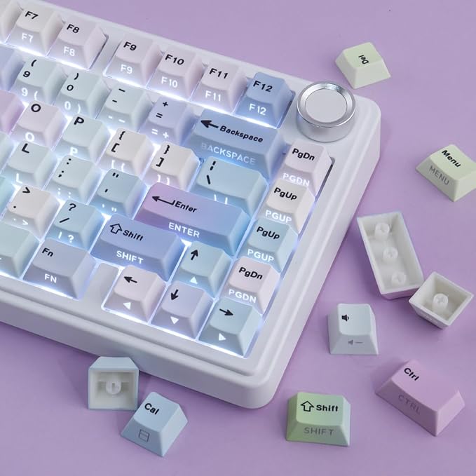 Sunzit Dreamy Purple Keycaps,132 Keys PBT Custom Side Print Keycaps,Cherry Profile Dye Sub Keycap Set,Cute Shine Through Keyboard Key caps for Mechanical Keyboards