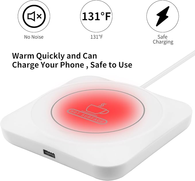 USB Coffee Mug Warmer: Candle Wax Warmer Smart Electric Cup Warmer Charge for Phone Home Desk Office Use Beverage Heating Plate with Gravity Switch for Hot Cocoa Milk Tea Water White