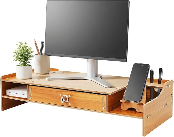 Monitor Stand Wooden Desktop Organizer with Lockable Drawers & Keys & Phone Holder Vintage Multi Compartment Desk Shelf for Home,Office (Z0802)