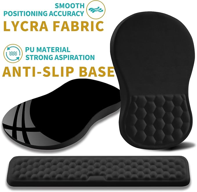 Hokafenle 2 in 1 Ergonomic Mouse Pad Wrist Support & Wrist Rest for Computer Keyboard Set, with Relieve Carpal Tunnel Pain Massage Bulge and Full Memory Gel Design (2In1 Set, Black)