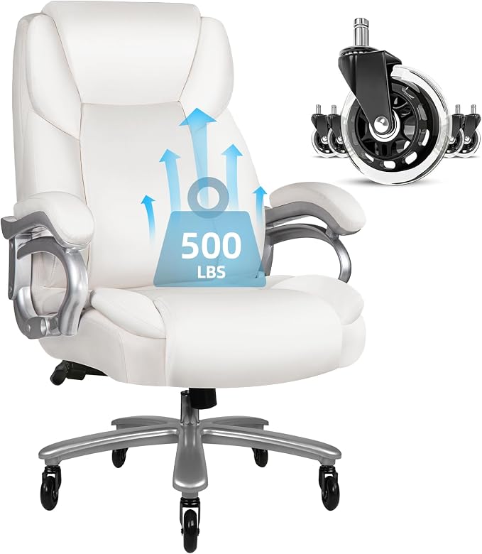 VITESSE 500lbs Heavy Duty Office Chair for Low Back Pain Relief, Big and Tall Office Chair with Ergonomic Lumbar Support, High Back Executive Chair with Quiet Rubber Wheel（White）