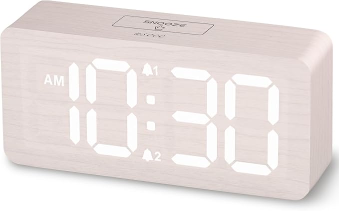 uscce Wooden Digital Alarm Clocks for Bedrooms with 0-100% Dimmable Display | Desk Clock with Large Numbers for Living Room - Loud Dual Alarm for Heavy Sleepers with Volume Control - Wood Decor & Gifts