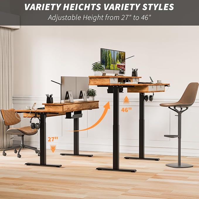 Kingant Electric Standing Desk with 4 Drawers,USB Charging Ports 55"x 30" | Ergonomic Height Adjustable Large Workstation, Heavy-Duty Sit Stand Up Desk For Home Office Daily Work,Light Rustic Brown
