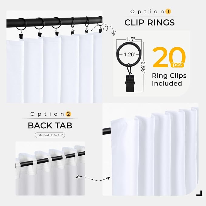 INOVADAY 100% Blackout Curtains for Bedroom, Bright White Black Out Curtains 63 Inch Long, Clip Rings Linen Blackout Drapes, Thermal Insulated Room Darkening for Living Room, 2 Panels - W50xL63