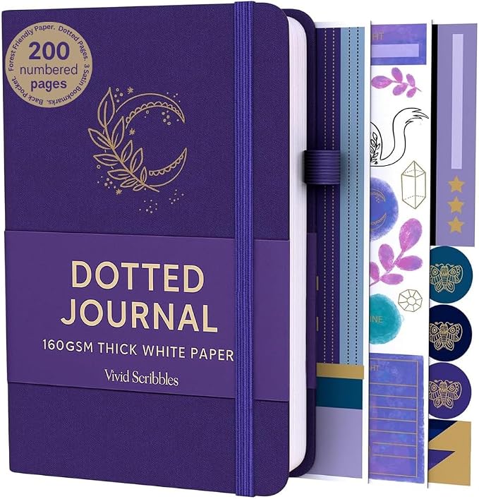 VIVID SCRIBBLES A5 Bullet DOTTED Journal – 160GSM Bleed-Proof Dotted Notebook with 200 Numbered Dot Grid Pages, Lay-Flat Hardcover with Pen Loop & Expandable Pocket (Purple Moon Design)