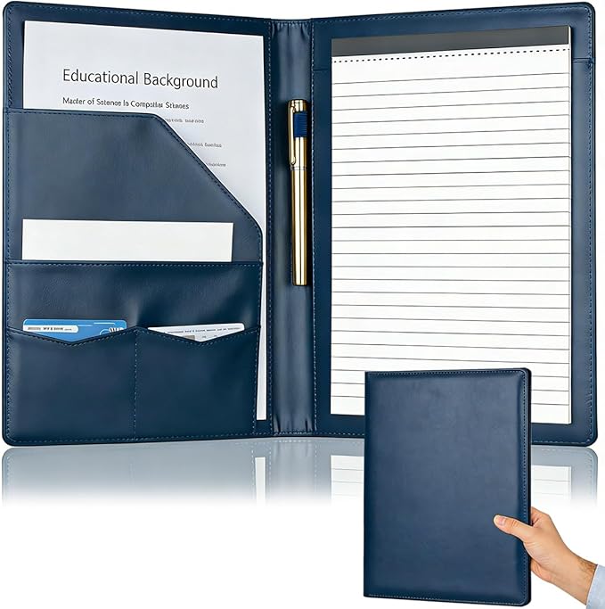 Padfolio Portfolio Binder, Faux Leather Folder, Resume Interview Legal Document Organizer, Letter Sized Writing Pad w/Business Card Holder, A4 Professional Folio for Office Conference (Blue)