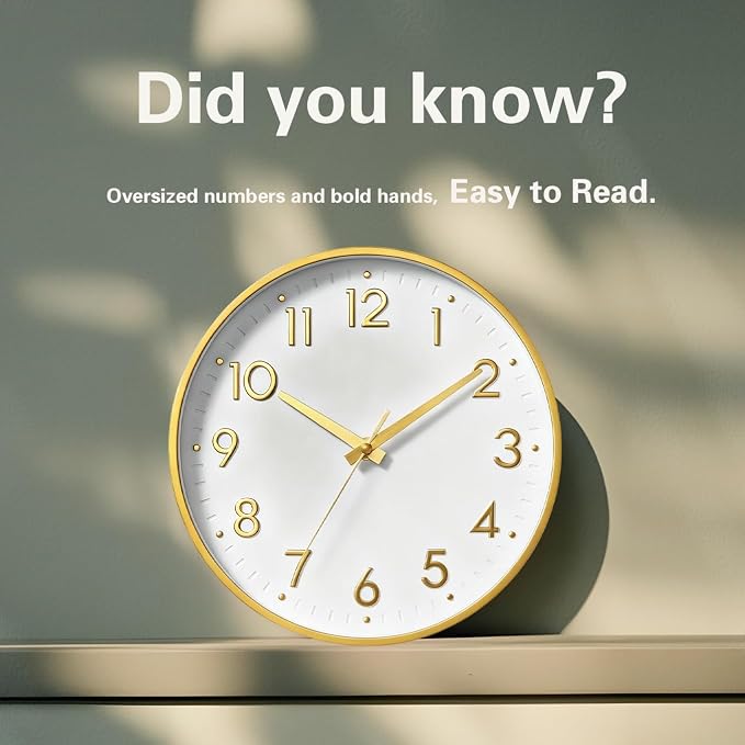 Mosewa Small 8 Inch Wall Clock Battery Operated Silent Non Ticking Analog | White Gold modern clock; oversized 3D easy-read dial for kitchen, bedroom & office; 1 AA battery (not included)