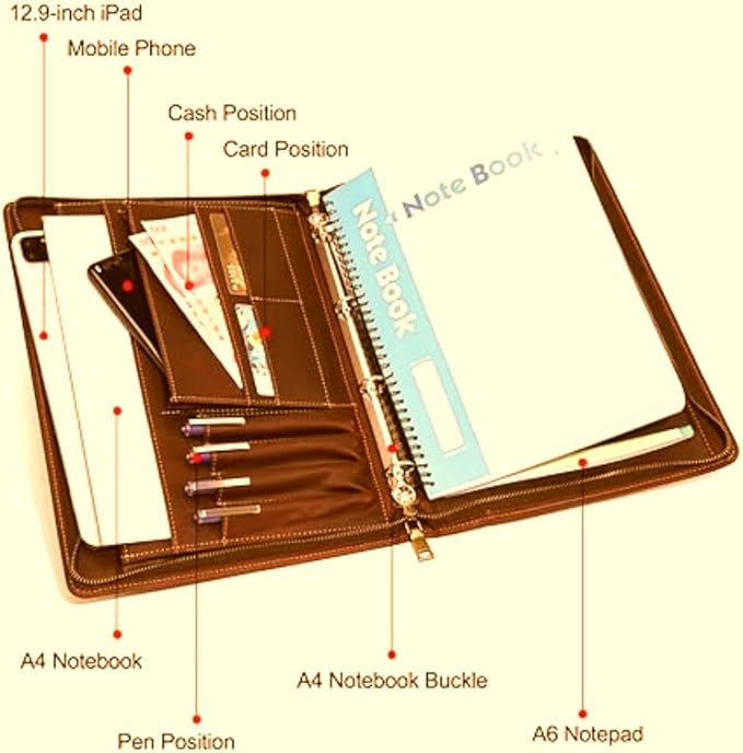 Zippered Padfolio Organizer, Leather Planner Binder, 12.9 Inch Portfolio Folder for Documents, Letter Size Business Card Tablet Document Holder for Men&Women, Brown