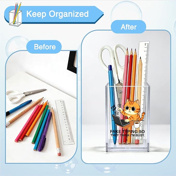 Tap Tap Fake Typing So They Think I'M Busy Acrylic Organizer Pencil Pen Holder, Cute Cat Office Desk Accessories Holder for Women HR Coworker Friend, Sarcastic Gifts for Coworker Accountant