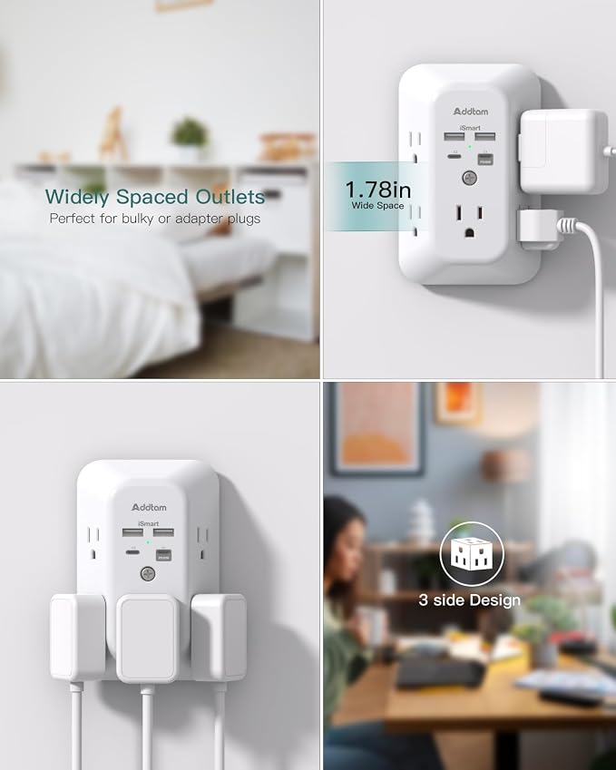 Addtam Surge Protector Outlet Extender, Plug Extension Outlet with Night Light, 5-Outlet Splitter and 4 USB Ports(PD 30W), Multi Plug Wall Outlet for Home Office Dorm Room Essentials