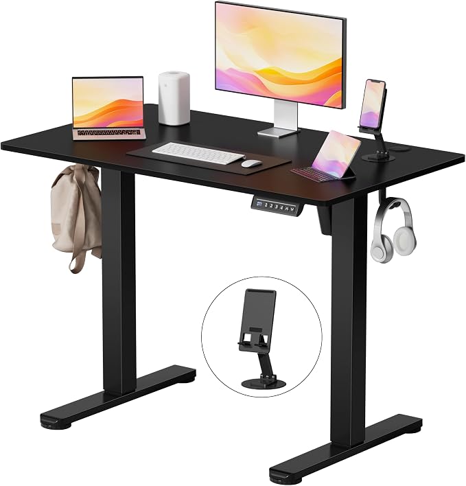 YESHOMY Height Adjustable Electric Standing Desk, 39 x 24 Inches Memory Home Office Sit Stand up Desk with Phone Holder and USB Charging Port, Black