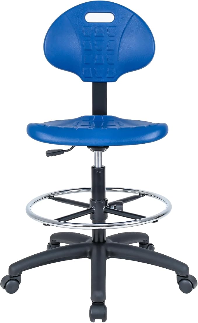 Drafting Stool Blue- Easy to Clean! Quick Ship. Ergonomic Polyurethane Chair. Seat Height Adjustable (23"-33") Heavy Duty Adjustable Footring for Home, Automotive, Lab, Cleanroom (Blue)