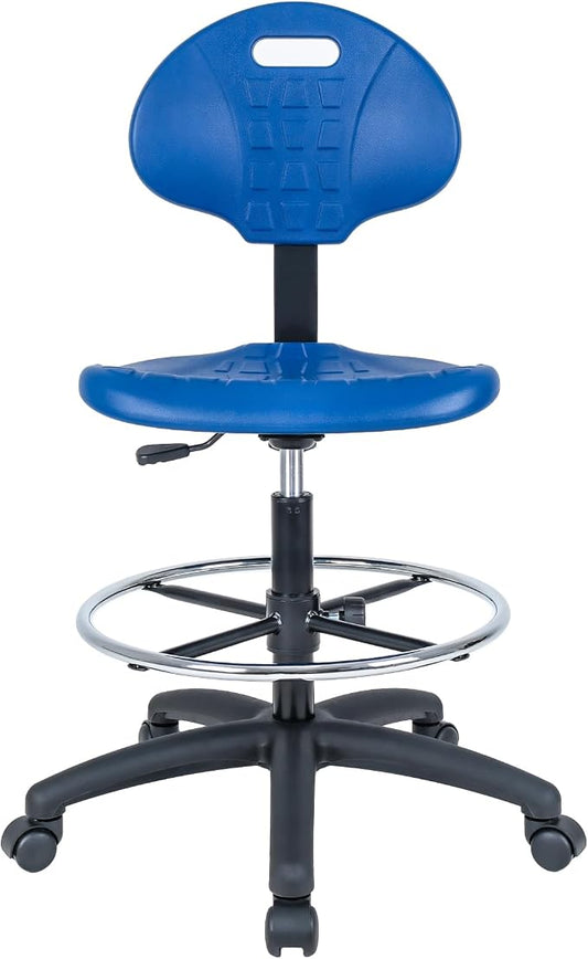 Drafting Stool Blue- Easy to Clean! Quick Ship. Ergonomic Polyurethane Chair. Seat Height Adjustable (23"-33") Heavy Duty Adjustable Footring for Home, Automotive, Lab, Cleanroom (Blue)