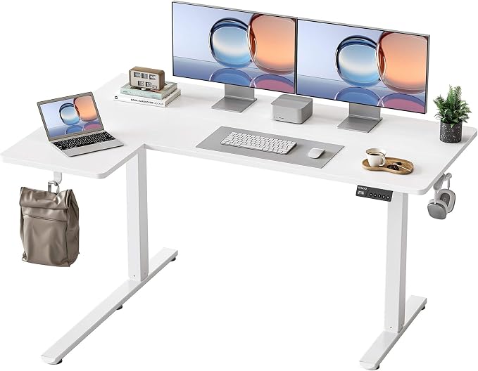 YIHAYO Reversiable L-Shaped Electric Standing Desk, 55 Inches Adjustable Height Corner Desk, Sit and Stand Up for Work Office Home, Computer Table with Splice Board, White