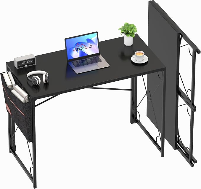 VECELO 39 Inch Folding Desk Simple Assembly Desk, Writing Computer Desk for Home Office Study Office Desk Foldable Table for Small Spaces, Black