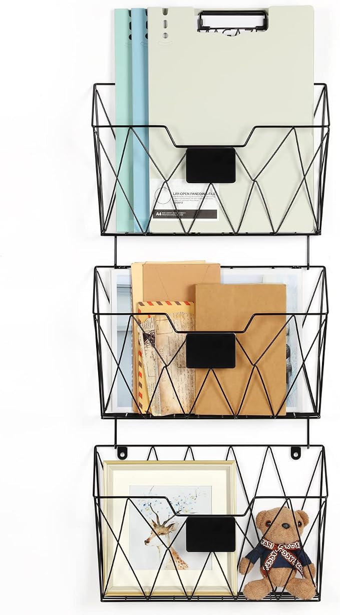 OYEAL Hanging Wall File Organizer Metal Wall File Holder 3 Pockets Mail Organizer Wall Mounted with Hooks for Office Home, Black