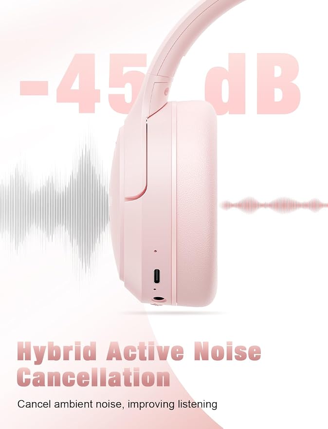 RUNOLIM Hybrid Active Noise Cancelling Headphones, Wireless Over Ear Bluetooth Headphones with Microphone, 100H Playtime, Foldable Headphone with HiFi Audio, Deep Bass for Home Travel Office（Pink）