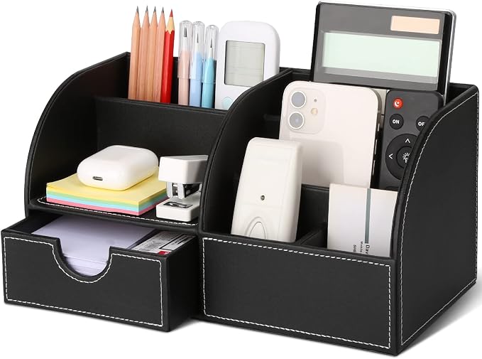Pu Leather Desk Organizer Pen Pencil Holder Office Supplies Caddy Storage Box 6 Compartments with Drawer Black (Full Pu Leather)