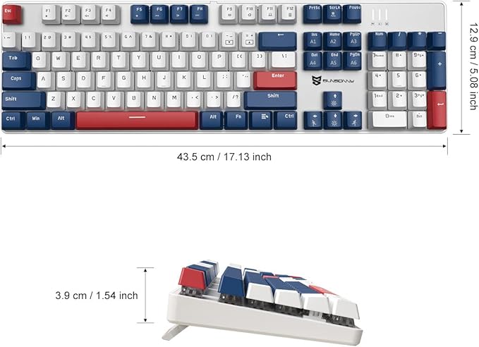 104 Keys Full Size Mechanical Gaming Keyboard | Blue Switch Blue/White/Red Combo Color Computer Keyboards | Hot Swappable US Layout Wired Mechanical PC Gaming Keyboard | Light Up Wired Keyboards