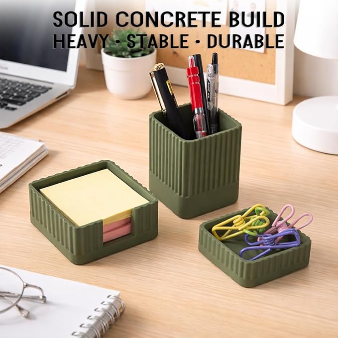 Desk Organizer Set of 3 for Office Accessories - Includes Pen Holder, Paperclip Storage, and Sticky Note Holder - Aesthetic Concrete Desktop Accessories for Women or Men, Office Decor (Green)