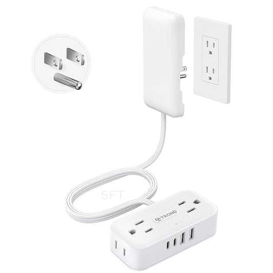 TROND 5FT Flat Extension Cord with Ultra-Thin Outlet Cover, Flat Wall Plug Power Strip with 4 AC 4 USB Ports, Hidden Outlet Extender for Tight Spaces, 10A/1250W, 900J Surge Protection, White
