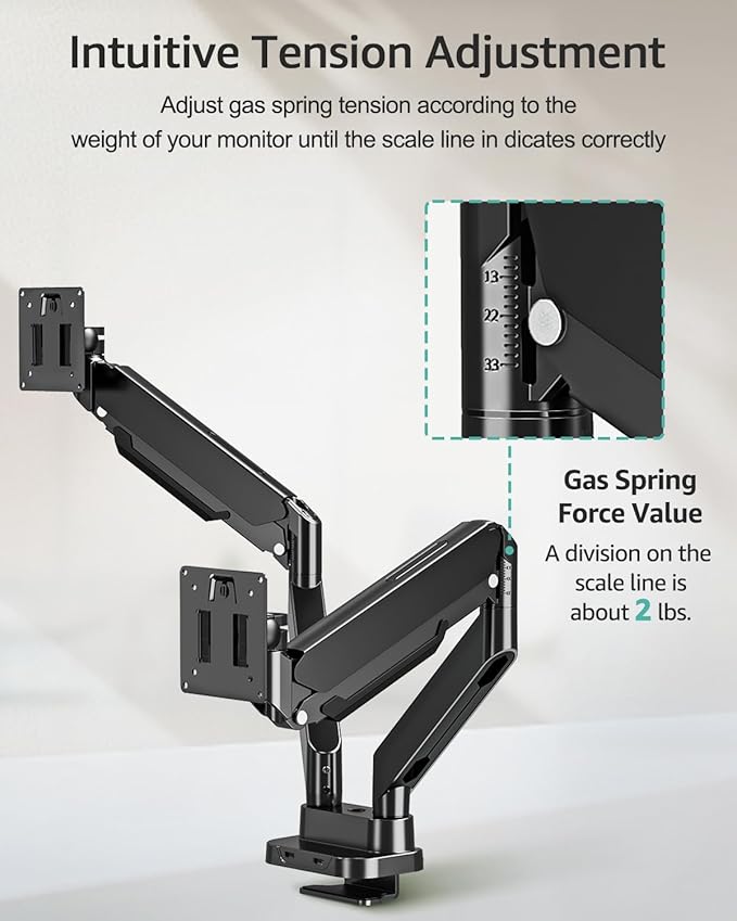 MOUNT PRO Dual Monitor Desk Mount for 39" Ultrawide Screen up to 33lbs, Heavy Duty Monitor Arm Double Gas Spring Arms for 2 Monitors, Adjustable Computer Monitor Stand with USB, VESA 75x75 100x100