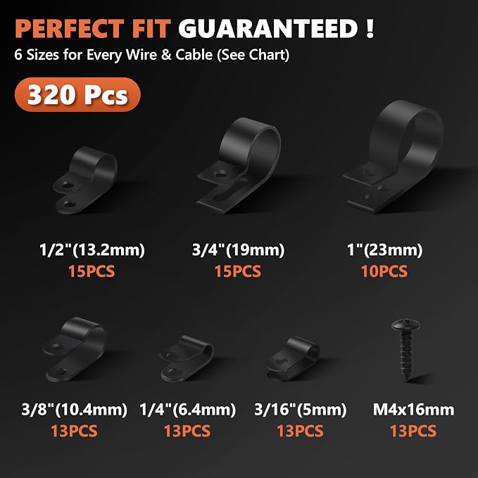 320Pcs Black PA66 Nylon R Type Cable Clamps Clips Assortment Kit | Good Ductility, Fireproof, 6 Sizes (3/16'' 1/4'' 3/8'' 1/2'' 3/4'' 1''), 160pcs M4 Screws, for TV/PC/AC Cables & Wires.