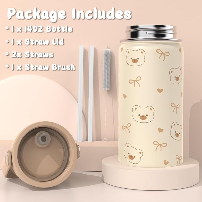 ACESAK Backpack for Girls with Insulated Water Bottle - 4 PCS Cute Girls Backpack with Lunch Box, Pencil Case & Kids Cup Set - 14oz Kids Water Bottle with Straw Set Back to School Supplies (Beige)