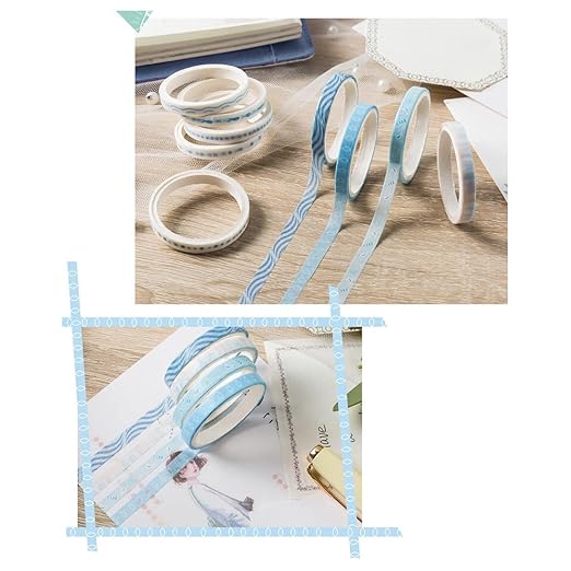 Vintage Pattern 5mm Wide Skinny Washi Tapes Set, 10 Rolls Blue Japanese Masking Decorative Tapes for Bullet Journal Planners DIY Decor Crafts Arts Scrapbooking Adhesive