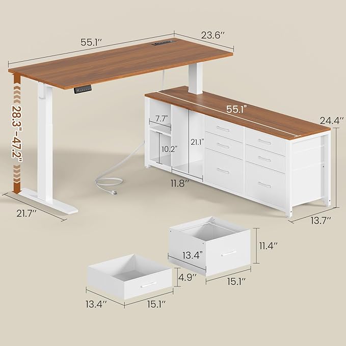 SEDETA L Shaped Electric Standing Desk, 55" x 55" Height Adjustable Office Executive Desk with 6 Fabric Drawers and Storage Shelves, Sit Stand Computer Desk with Power Outlet (White + Brown)