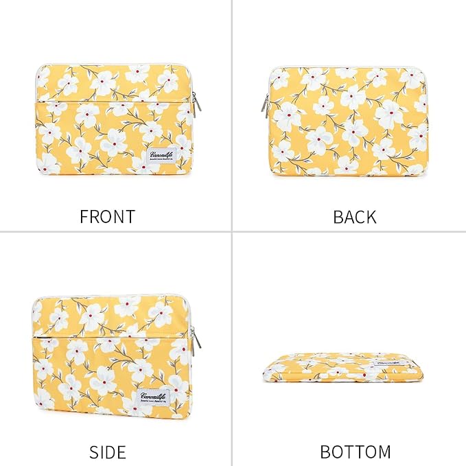 Canvaslife Yellow Flower Pattern Laptop Sleeve 14 inch Laptop Case Bag with Front Pocket - Waterproof Shockproof