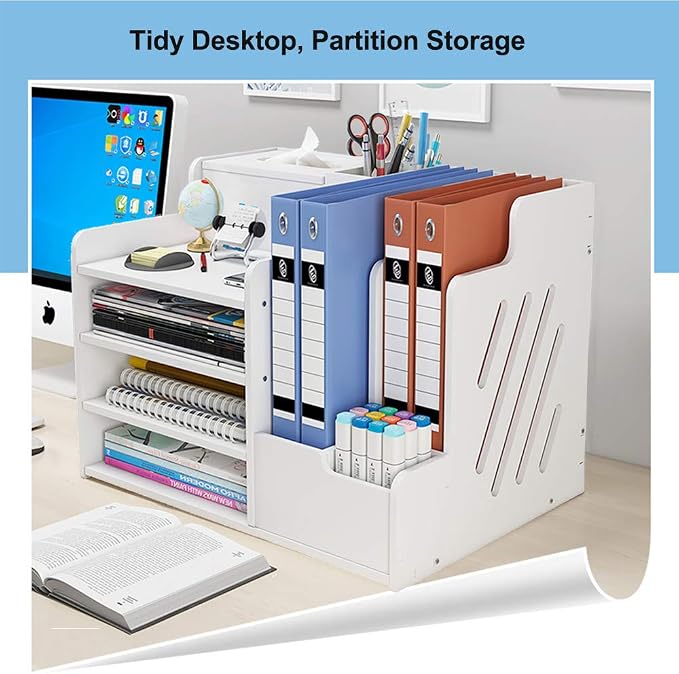 White Desktop Organizer, Multipurpose Desk Document File Tray Organizer Storage Display Shelf Rack for Home Office School(PB07)