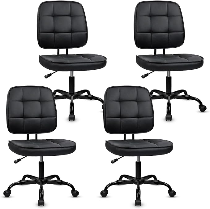 CLATINA Armless Home Office Chair with Lumbar Support and Wheels, Small PU Leather Ergonomic Low Back Desk Chairs No Arms, Adjustable Height 360° Swivel Rolling Computer Task Chair, Black, 4 Pack