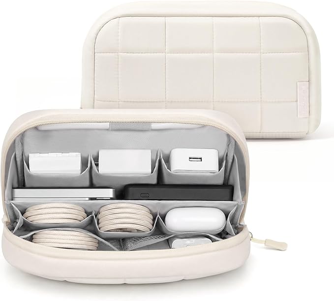 TOPEAST Quilted Cable Organizer Bag, Soft Tech Pouch & Travel Electronics Case with Elastic Pen Loop, Tangle-Free Cord Organizer for Women, Office Desk, AirPods, Chargers & Accessories, Beige