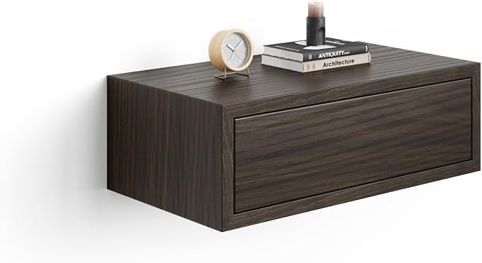 Mobili Fiver, Riccardo Wall Bedside Table, Dark Walnut, 17.7" x 9.8" x 6.1 ", Melamine-Finished, Modern Bedside Table, End Table, Italian Furniture
