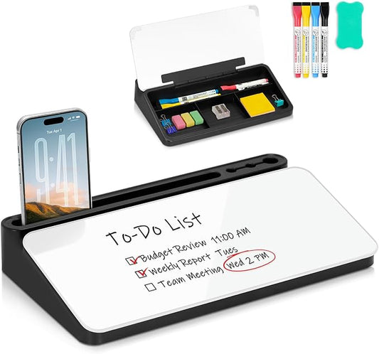 WALGLASS Small Desktop Whiteboard with Storage, Glass Desk Dry Erase White Board Computer Keyboard Stand with Drawer, Desk Organizers with Accessories for Office, Home, School Supplies Black White