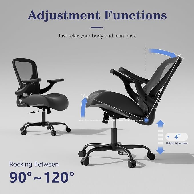 GYI Ergonomic Office Chair with Memory Foam Cushion, Big and Tall Office Chair, 4.7" Thickened Seat Heavy Duty Desk Chair with Technical Mesh Back, 3D Flip-up Arms, Wheels for Heavy People, Black