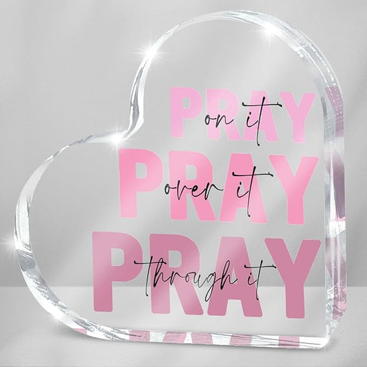 Pink Christian Gifts for Women, Pink Bedroom Decor, Pray On it Pray Over it Through it Acrylic Sign Decorative for Home Pastor Farmhouse Living Room Church Table Desk Bookshelf, St. Patrick's Day Decor