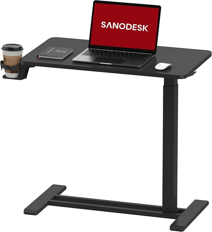 SANODESK 28''Mobile Standing Desk with Hidden Wheels,Pneumatic Laptop Desk | Computer Cart Movable Height Adjustable Table Small Sit Stand Desk for Home Office Hospital Use,27.6" W x 15.7" D, Black