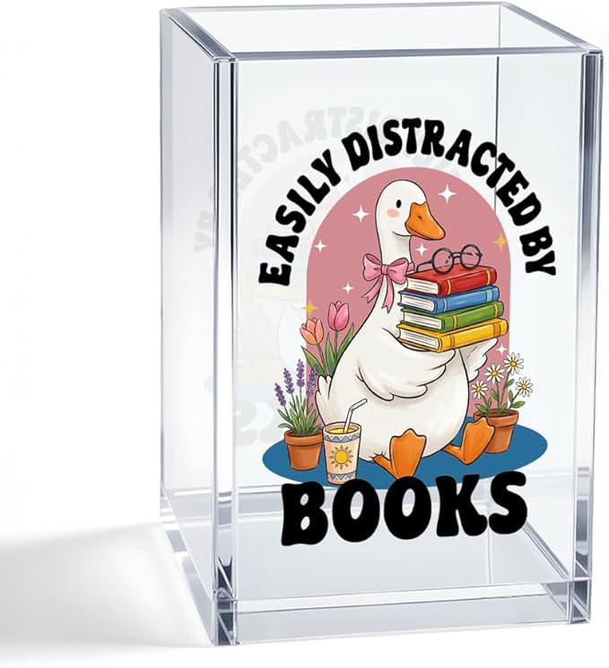 Easily Distracted By Books Acrylic Organizer Pencil Pen Holder, Cute Goose Book Stack Design Desk Storage Organizer, Bookworm Gifts for Book Goose Lover Bibliophile Librarian Books Club Member
