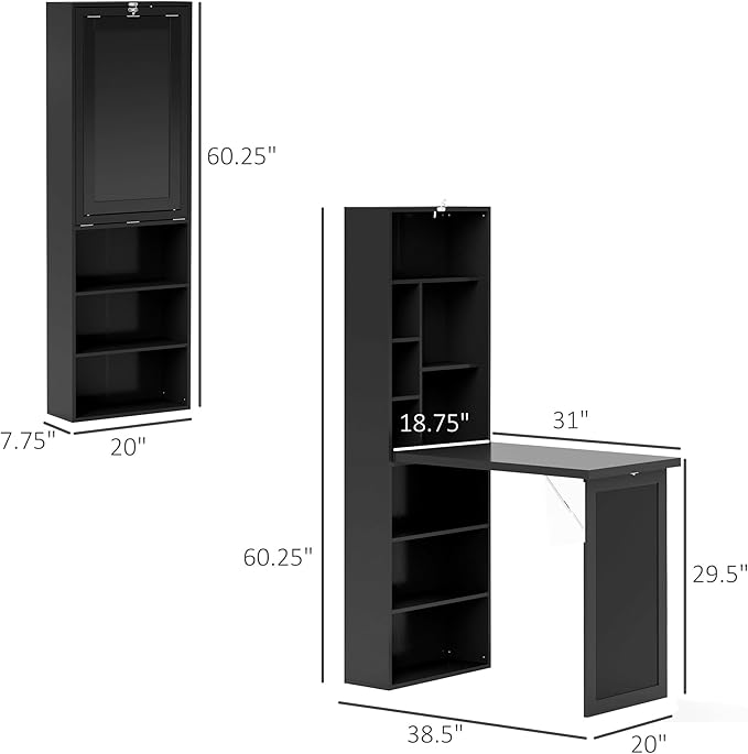 Folding Wall Mounted Desk with Storage, Expandable Hidden Computer Desk, Foldable Space-Saving Pull Out Murphy Table, Writing Table with Blackboard for Home Office Bedroom Small Spaces (Black)