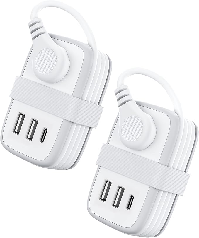 2 Pack Power Strip with USB C Ports, 2 Outlets 3 USB Ports, NTONPOWER Small Power Strip with 3ft Short Extension Cord Retractable, Compact Size for Travel Home Office Hotel Cruise Essentials, White