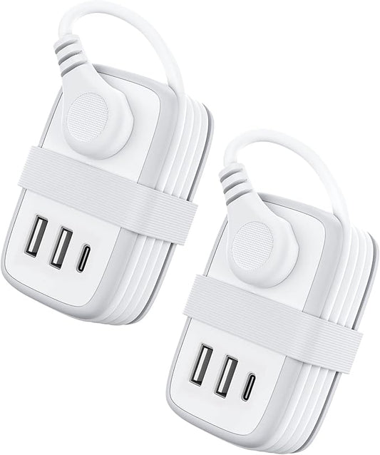 2 Pack Power Strip with USB C Ports, 2 Outlets 3 USB Ports, NTONPOWER Small Power Strip with 3ft Short Extension Cord Retractable, Compact Size for Travel Home Office Hotel Cruise Essentials, White